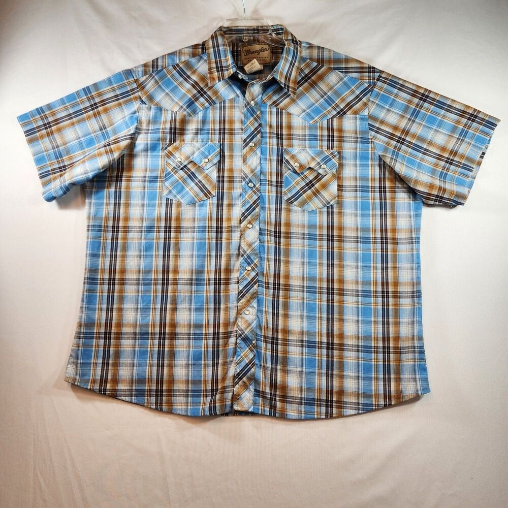 Wrangler Western Snap Shirt Mens 2XL Blue Tan Plaid Pearl Snap Short Sleeve